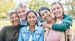 Nature, friends and portrait of group of women enjoying bonding, quality time and relax in retirement together. Diversity, friendship and faces of happy females with smile, hugging and wellness