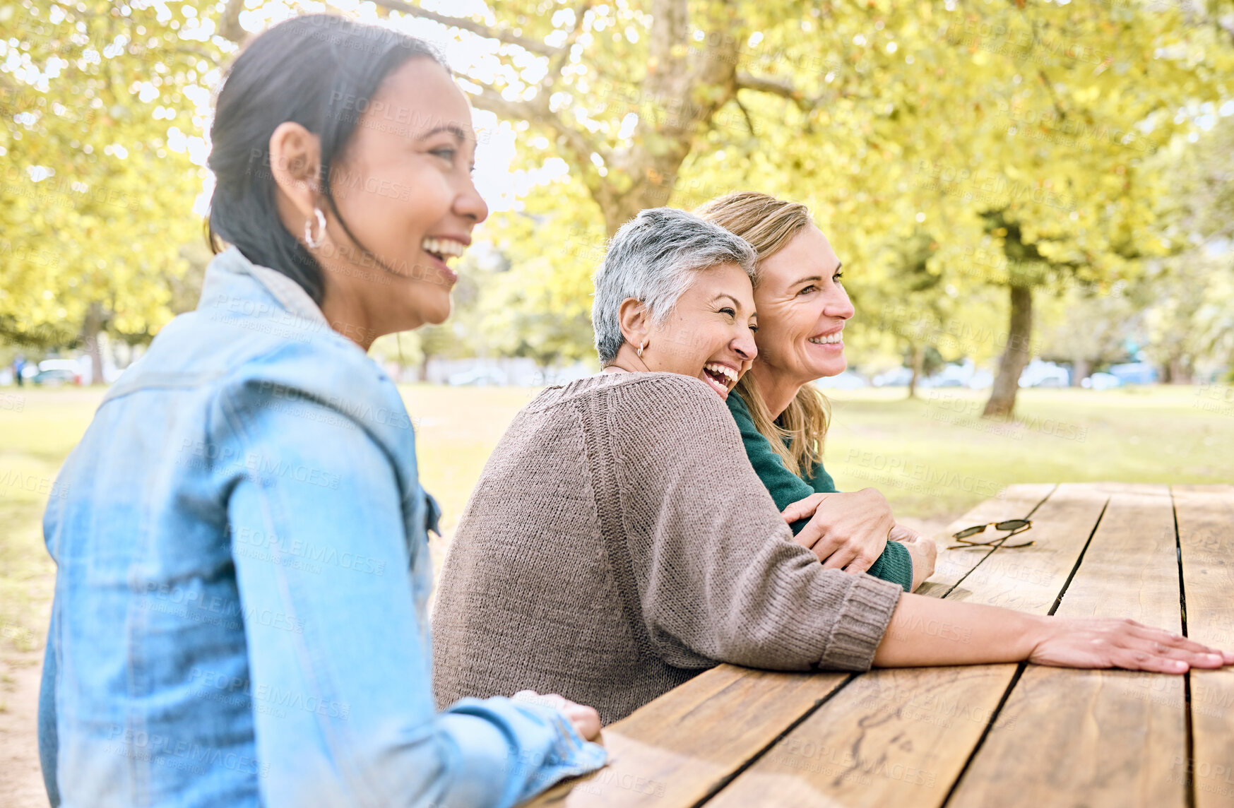 Buy stock photo Park, senior women and friends laughing at funny joke, crazy meme or comedy. Comic, happy and group of retired females sitting at table with humor bonding, talking and enjoying quality time together.