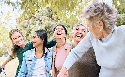 Buy stock photo Senior women, park and friends laughing at funny joke, crazy meme or comedy outdoors. Comic, happy or group of retired females with humor bonding, talking and enjoying quality time together in nature