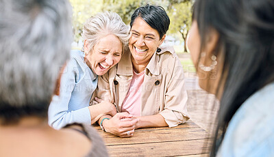 Buy stock photo Women smile, friends and in park for reunion, bonding and conversation outdoor fun, summer or embrace. Females, ladies laughing or in nature to relax, talking or friendship with sunshine or happiness