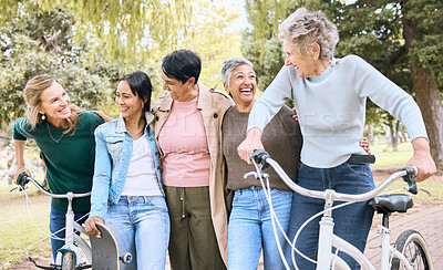 Buy stock photo Senior people, friends and laughing on bike in joyful happiness enjoying fun time together at the park. Group of elderly women bonding and sharing joke, laugh or walking and cycling in the outdoors