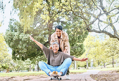 Buy stock photo Skateboard, portrait and senior friends in park for goofy, silly and comic outdoor fun together. Funny retirement women in nature with excited and happy smile for bonding leisure in Mexico.

