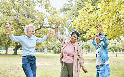 Buy stock photo Senior women, dancing or music headphones in silent disco, retirement fun or energy movement in bonding wellness. Smile, happy friends or elderly dancers listening to radio audio in nature trees park