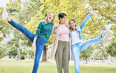 Buy stock photo Senior, women and portrait of funny people or friends bonding in diversity being goofy in happiness. Smile, energy and elderly females having fun at a park and dancing in a group together