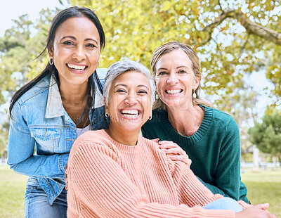 Buy stock photo Retirement, women or bonding portrait on profile picture, social media or lifestyle freedom blog in relax environment. Smile, happy or elderly senior friends in nature park, grass garden or community