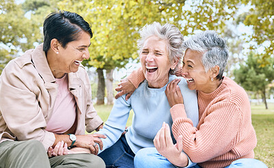 Buy stock photo Senior women, laughing and bonding in comic joke, funny meme or silly story in nature park, grass garden or environment. Smile, happy and diversity elderly friends with humour in relax retirement fun
