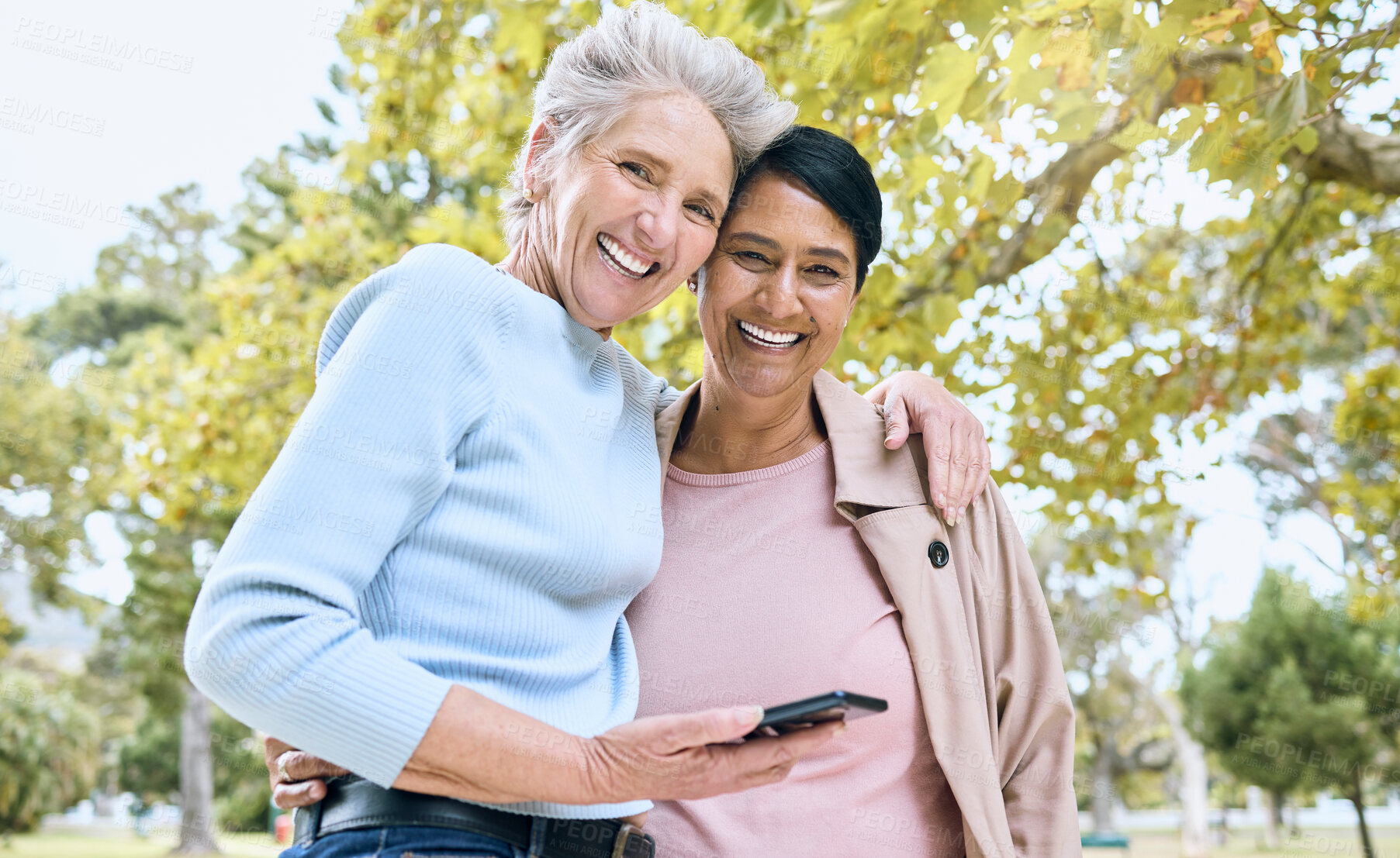 Buy stock photo Senior women portrait, hug or phone in nature park, garden or relax environment for social media, profile picture or memory. Smile, happy friends or bonding retirement elderly on mobile technology