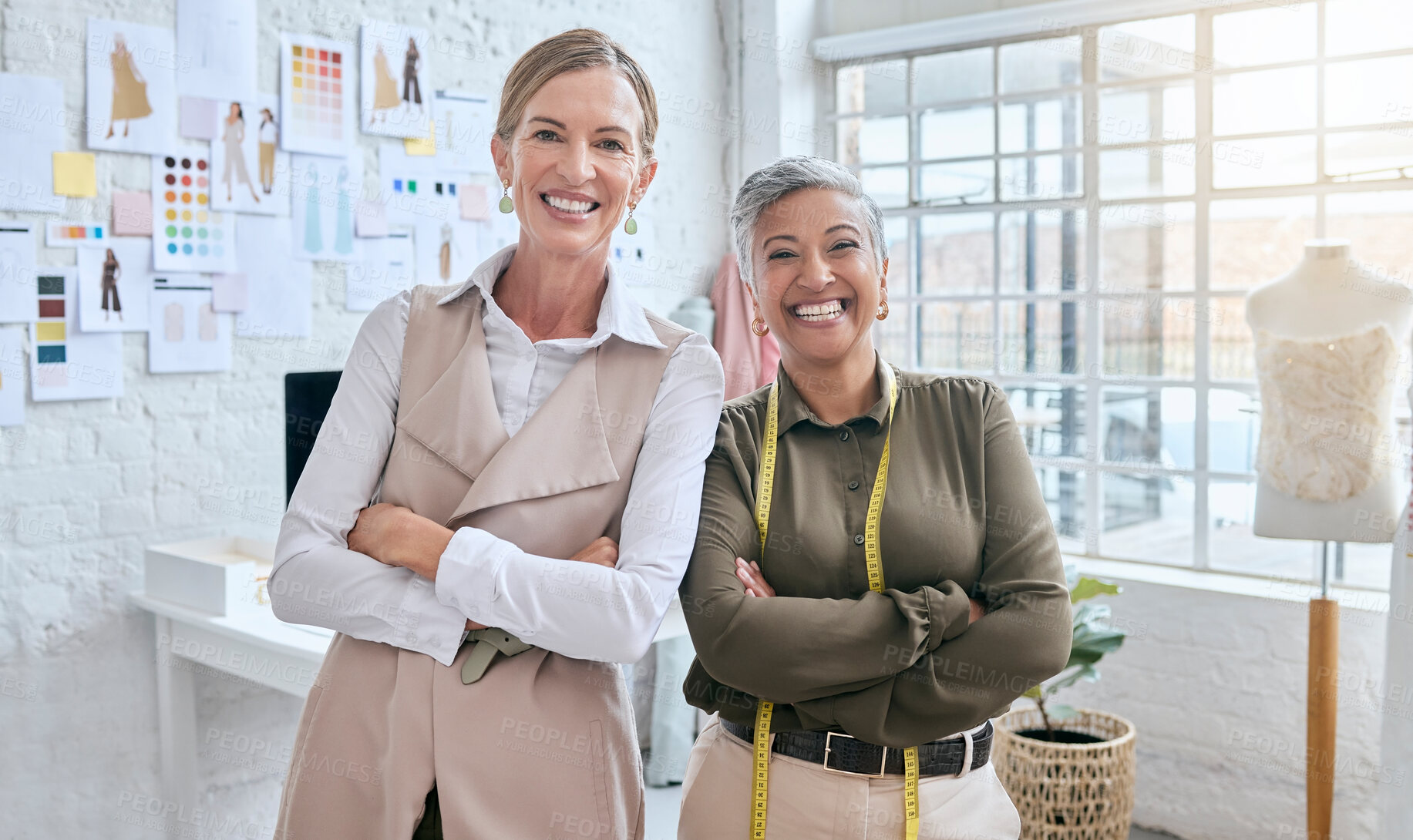 Buy stock photo Happy, fashion and designer team portrait in workshop together for collaboration on creative idea for small business. Creativity and vision of mature dressmaker women with optimistic mindset.