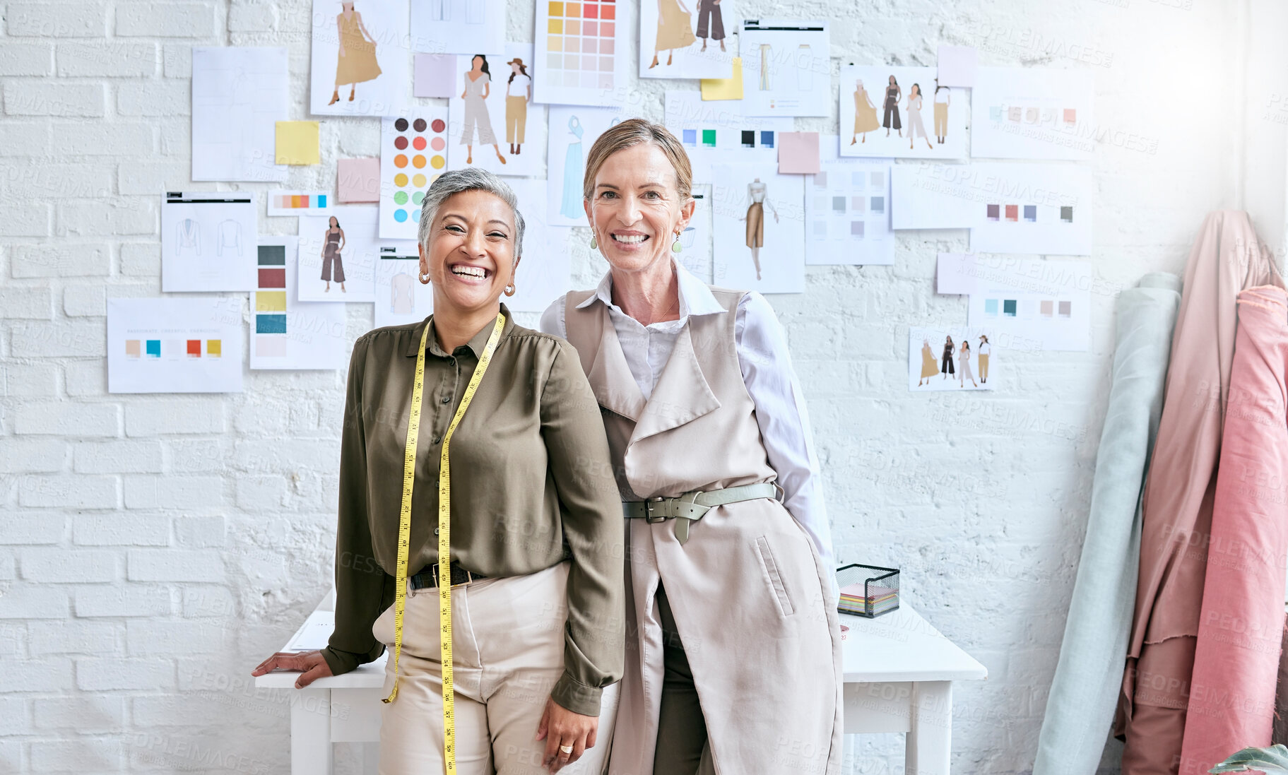 Buy stock photo Fashion industry and happy portrait of women in workshop with creative collaboration and idea for business. Planning, creativity and vision of mature dressmaker team with optimistic mindset and smile