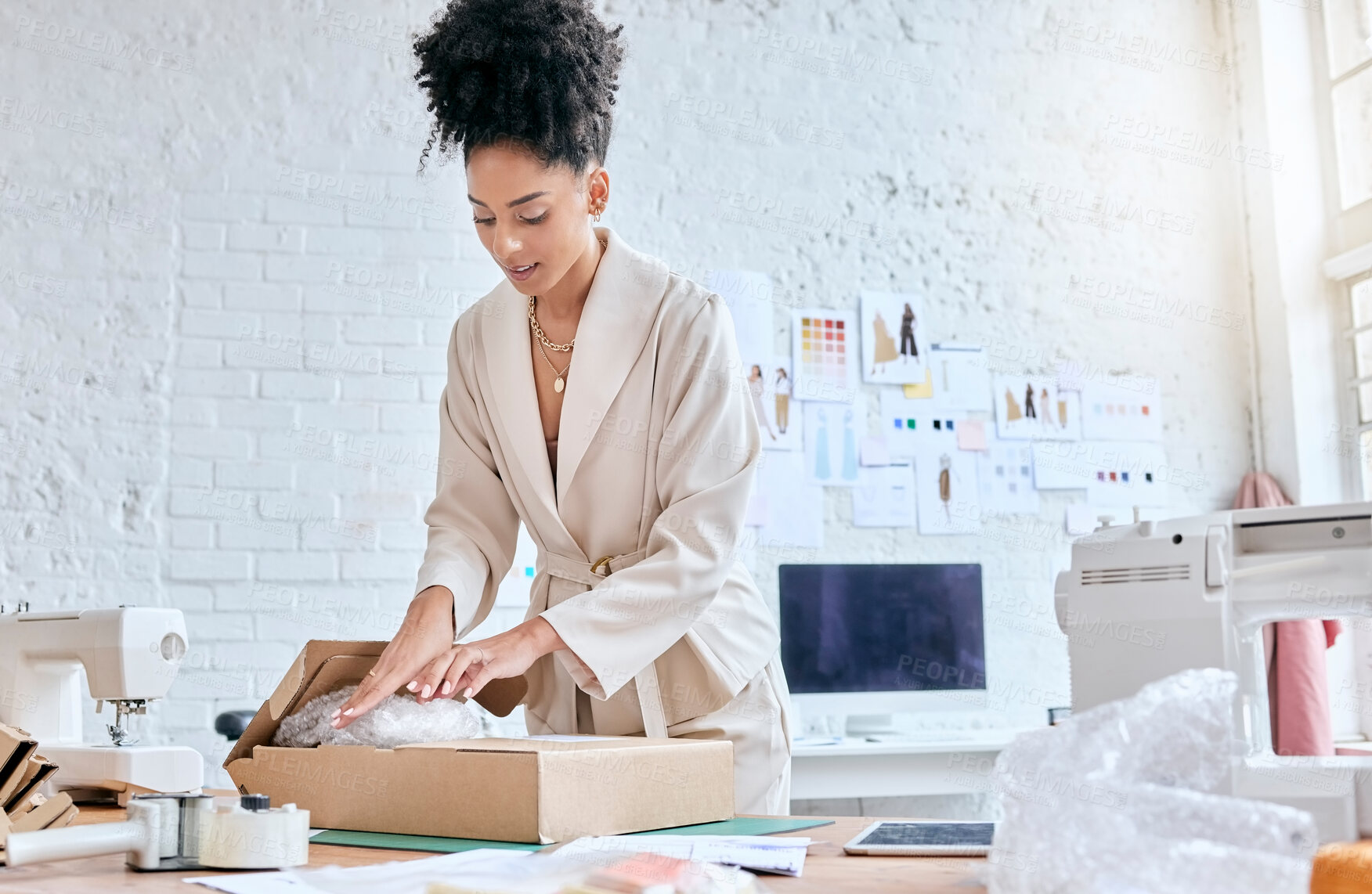 Buy stock photo Fashion store delivery, box or black woman packaging stock product for commercial distribution or courier shipping. Logistics export, retail safety container and girl working in supply chain industry