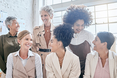 Buy stock photo Collaboration, empowerment and a business woman leadership team sitting in their office together at work. Teamwork, management and diversity with a female leader group working as friends in corporate