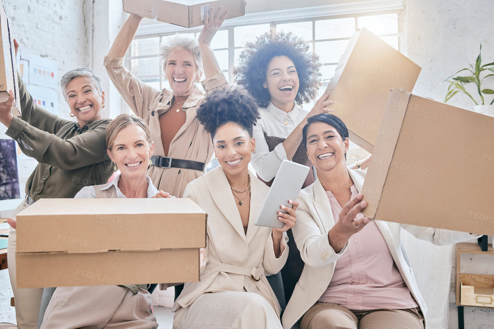 Buy stock photo Shipping portrait, delivery box and happy people teamwork on retail package, stock product or sales distribution. Logistic ecommerce, diversity group or startup fashion designer in supply chain store