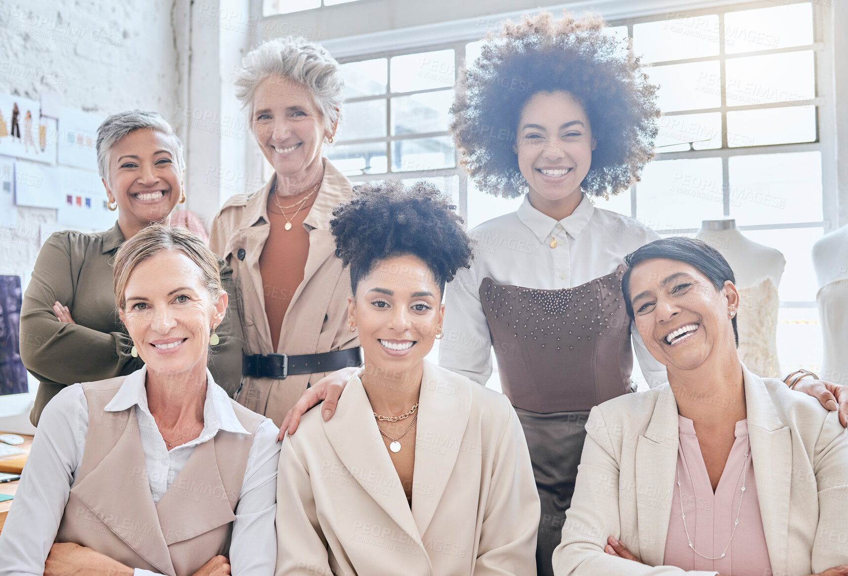 Buy stock photo Women team, designer portrait and fashion meeting of a marketing group happy about teamwork. Ecommerce, business solidarity and diversity of people with a smile and happiness from collaboration