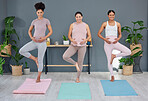 Pregnant yoga, balance and portrait of women standing in yoga pose for exercise, health and wellness in studio. Friends, pregnancy and female group bonding during workout, fitness and buddha position
