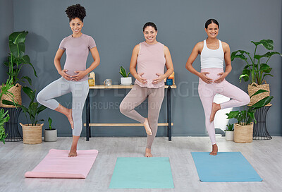 Buy stock photo Pregnant yoga, balance and portrait of women standing in yoga pose for exercise, health and wellness in studio. Friends, pregnancy and female group bonding during workout, fitness and buddha position