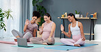 Webinar, pregnant or women in online class for yoga training, exercise or fitness workout in home studio. Pregnancy, video call or healthy friends with a happy smile in maternity training via laptop