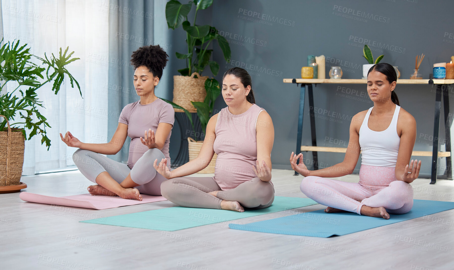 Buy stock photo Pregnant, yoga or women in class for meditation, exercise or fitness workout in zen house studio. Pregnancy, peace or relaxed friends in maternity training in calm lotus pose for mindfulness at home
