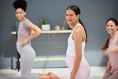 Buy stock photo Pregnant, yoga or women in class laughing in training, body exercise or fitness workout in house studio. Pregnancy, wellness or healthy funny friends with a happy smile in maternity training at home