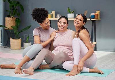 Buy stock photo Pregnant, portrait or women in yoga class hugging or bonding with a happy smile after fitness workout in studio. Pregnancy, relaxing or healthy friends in maternity laughing at funny joke together 