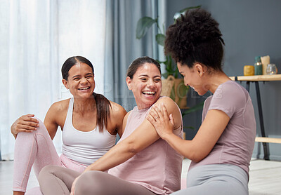 Buy stock photo Pregnant, yoga class or women laughing to relax after exercise, group training or fitness workout together. Pregnancy, bonding or healthy friends with a happy smile speaking of crazy or funny gossip 