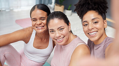 Buy stock photo Portrait, yoga or women take a selfie for social media after exercise or group workout in home fitness studio. Pictures, wellness or healthy friends with a happy smile on faces in training together