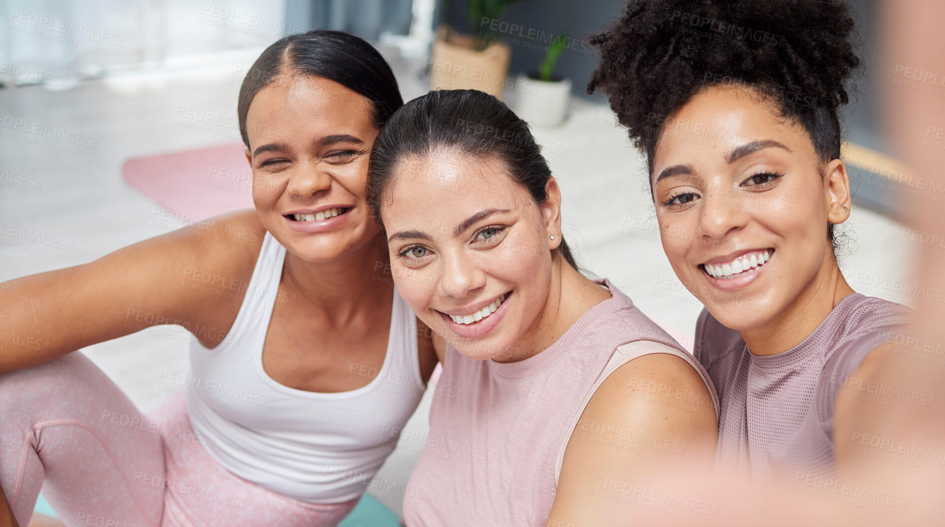 Buy stock photo Portrait, yoga or women take a selfie for social media after exercise or group workout in home fitness studio. Pictures, wellness or healthy friends with a happy smile on faces in training together