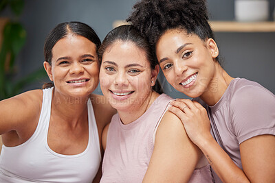Buy stock photo Support, portrait or women in yoga class with a happy smile after group training exercise or fitness workout together. Trust, faces or healthy friends hugging, bonding or relaxing in zen home studio