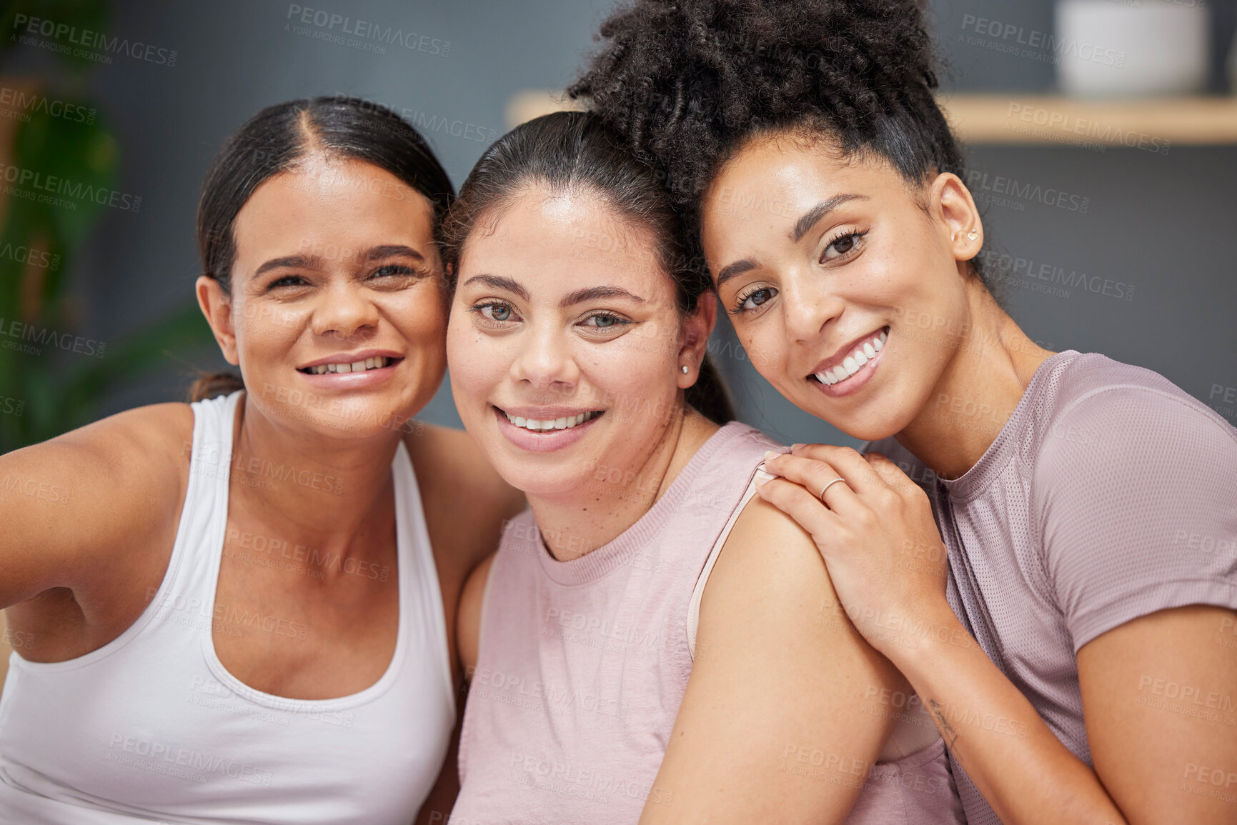 Buy stock photo Support, portrait or women in yoga class with a happy smile after group training exercise or fitness workout together. Trust, faces or healthy friends hugging, bonding or relaxing in zen home studio