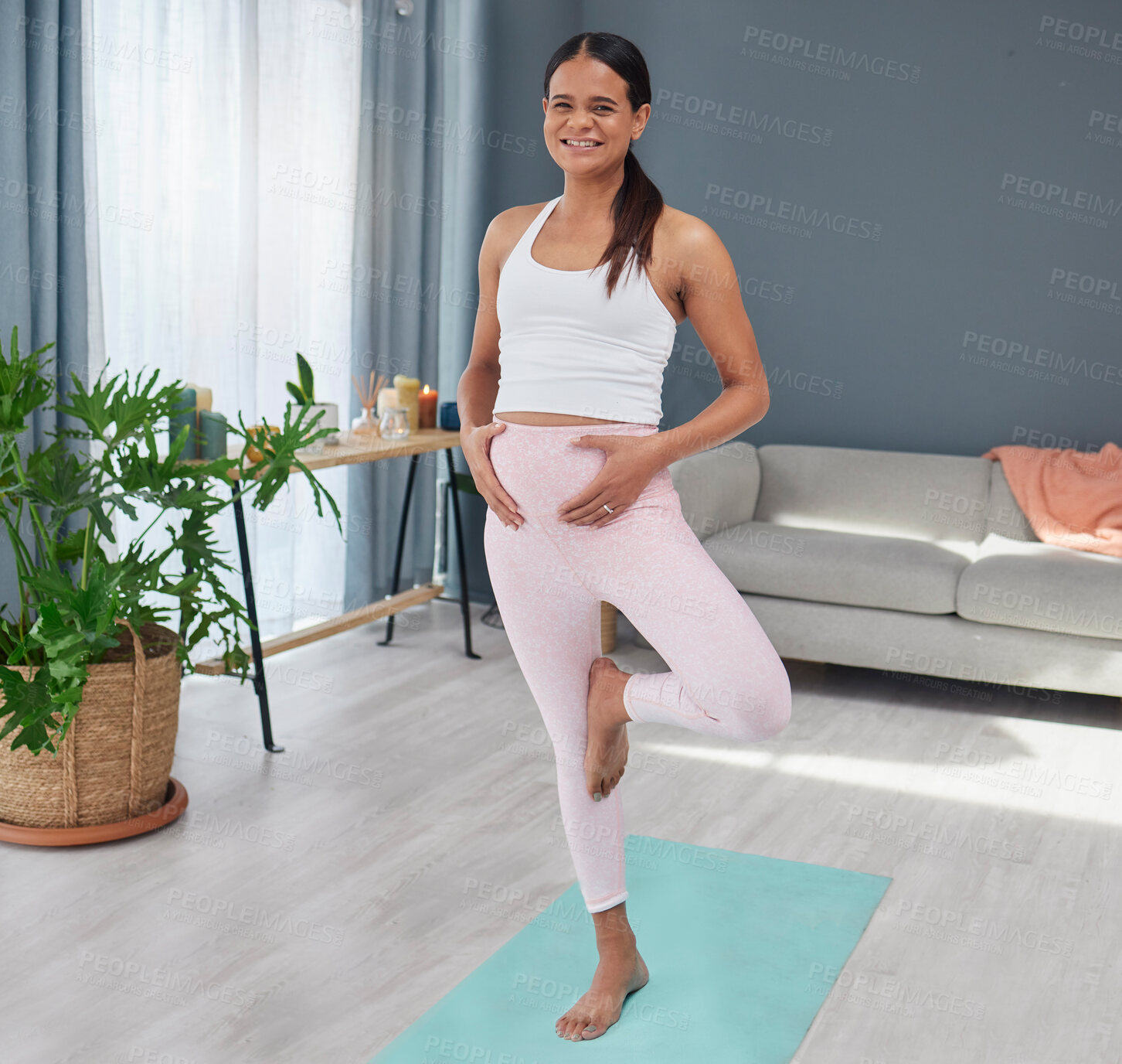 Buy stock photo Portrait, yoga or pregnant woman with balance in exercise or fitness workout in house living room. Pregnancy, wellness or healthy person with a happy smile in maternity training body for flexibility