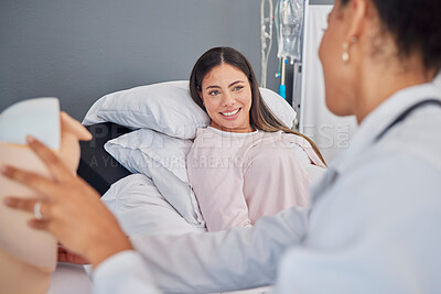 Buy stock photo Consulting, pregnant and girl with doctor in clinic for medical expertise and progress assessment. Baby, pregnancy and happy mom with black woman gynaecologist for professional update of development
