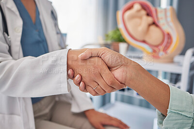 Buy stock photo Pregnancy patient, doctor and gynecologist handshake for welcome, thank you and hello greeting. Pregnant maternity consultation, gynecology and woman for medical, baby healthcare or hospital support