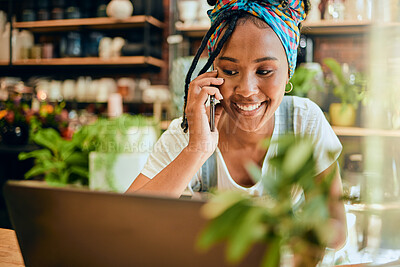 Buy stock photo Phone call, small business or happy black woman talking or networking with startup agro retail supplier. Laptop, 5g mobile or female entrepreneur planning or speaking of floral development job vision