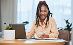 Black woman, laptop and student smile portrait writing and planning strategy in home office. African girl, university education and happy working on digital tech devices for remote online learning