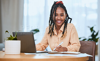 Buy stock photo Black woman, laptop and student smile portrait writing and planning strategy in home office. African girl, university education and happy working on digital tech devices for remote online learning