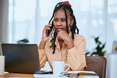 Buy stock photo African woman, laptop and smartphone call conversation for online communication or planning strategy in home office. Black woman, focus and talking on phone call for business planner with tech device