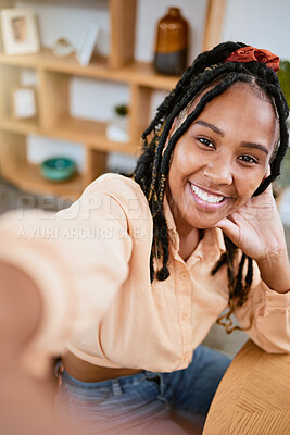 Buy stock photo Selfie, smile and portrait of a black woman as social media influencer in a house. Happy, cute and face of a student with a photo pose for happiness, confidence and empowerment in the morning