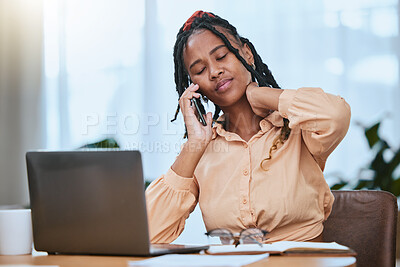 Buy stock photo Black woman, laptop and phone call stress with neck pain for online communication, web deadline and frustrated working in home office. African girl, remote worker and injury talking on smartphone