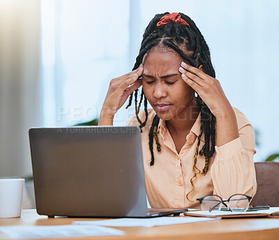 Buy stock photo Black woman, headache and stress with laptop while tired in home office of studying or working. Entrepreneur person tired, burnout and exhausted with fatigue for remote work and startup business