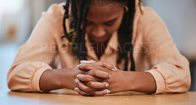 Buy stock photo Hands together, business and black woman tired, stress and overworked with burnout, mental health and employee with anxiety. African American female, lady or entrepreneur with depression and thinking
