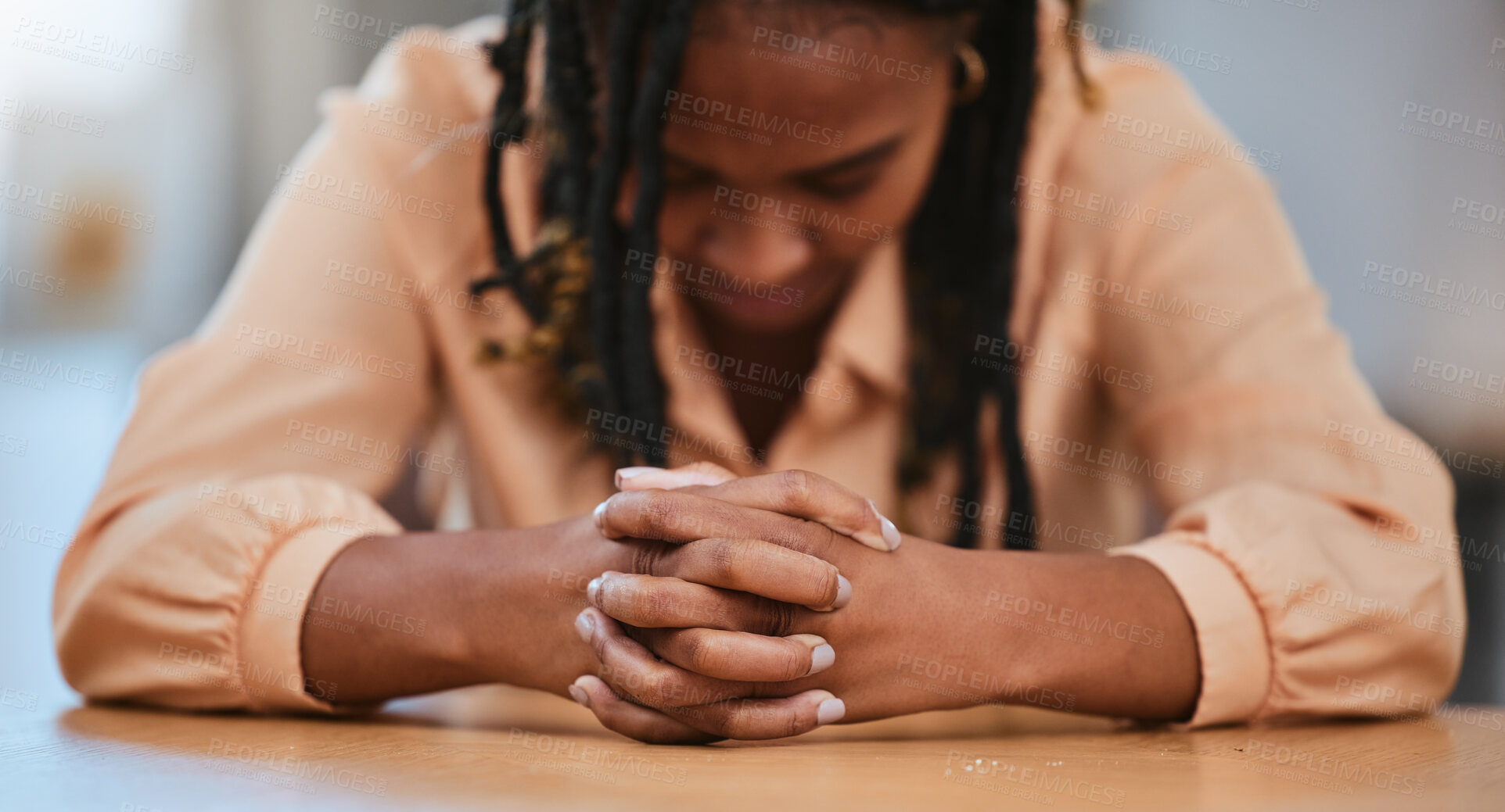 Buy stock photo Hands together, business and black woman tired, stress and overworked with burnout, mental health and employee with anxiety. African American female, lady or entrepreneur with depression and thinking