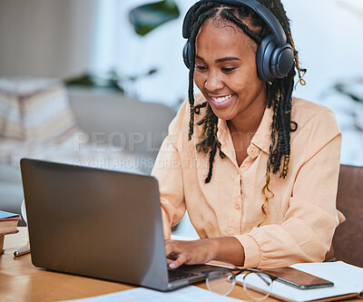 Buy stock photo Black woman, laptop and happy with music typing online, email communication or planning strategy in home office. African girl, corporate happiness and working on tech device for web design management