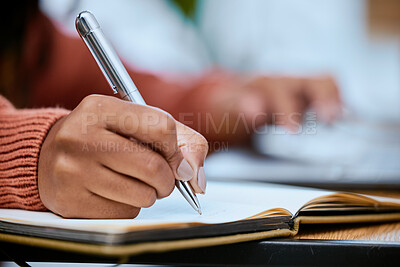 Buy stock photo Student, writing and zoom of hand with notebook for studying, learning and notes in academic class. University, college and closeup of hands with pen to write schedule information, planning and ideas