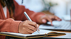 Student, writing and hand with notebook for studying, learning and creative notes for academic class. University, college and zoom of hands with pen to write schedule information, planning and ideas
