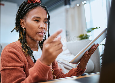 Buy stock photo Black woman, tablet and reading on laptop for online email communication, pointing finger and planning strategy in home office. African girl, student and working on digital tech devices for elearning