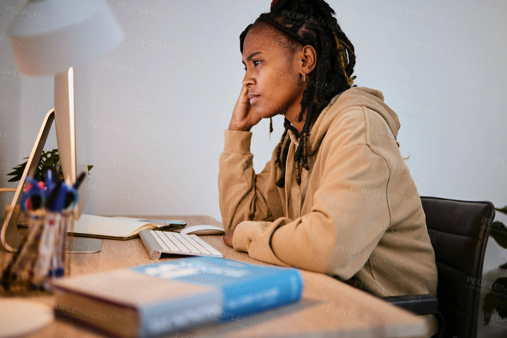 Buy stock photo Computer, thinking and education with a student black woman feeling stress while remote learning at home. University, research and idea with a female pupil suffering from anxiety while studying