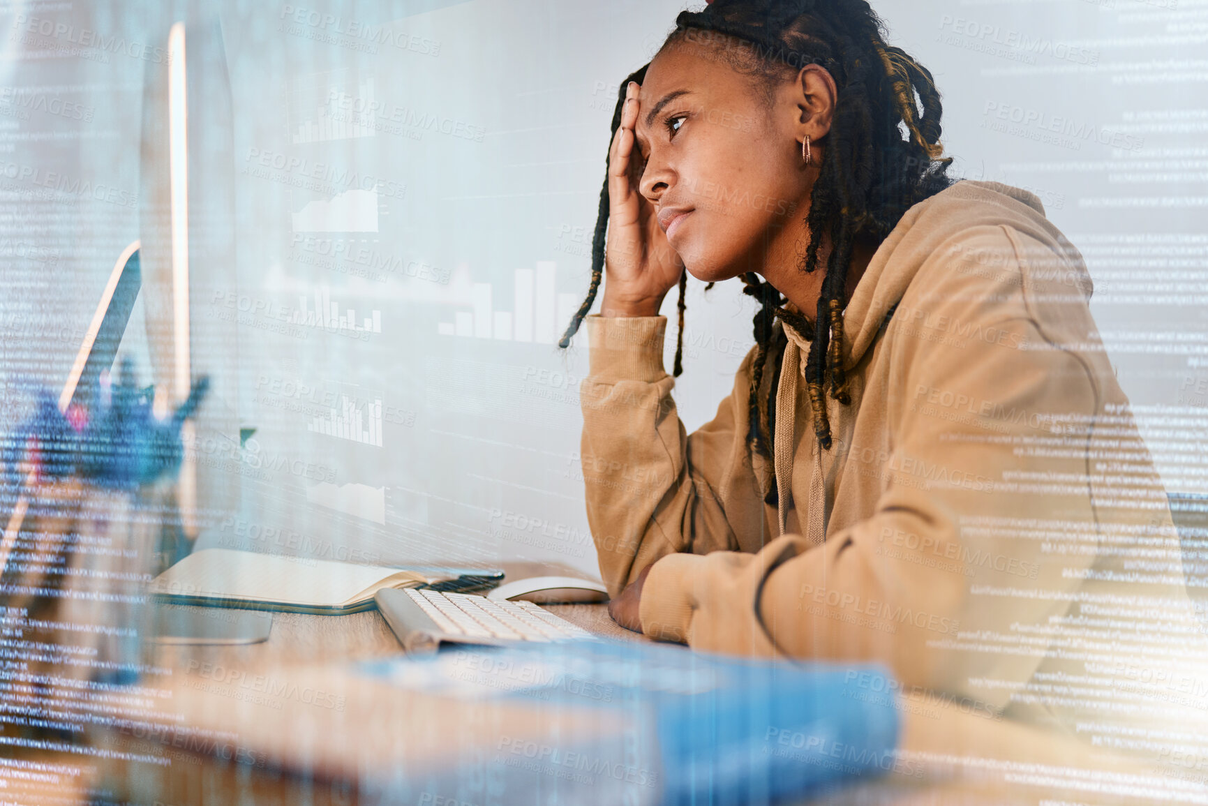 Buy stock photo Computer, stress and black woman reading data, online summary or infographic about information technology. Research chart overlay, mental health depression and sad student girl with headache pain