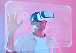 Vr hand, 3d futuristic and man in metaverse exploring a cyber world. Digital transformation, virtual reality and male touching ux button, data overlay or app, interface or software on pink background