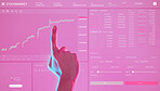 Hand, dashboard ui and man with stock market, trading or investment app. Ux, data and male with pink user interface or software for crypto currency, bitcoin or graph analytics for buying or selling.