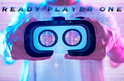 Buy stock photo Vr, virtual reality headset and hands of man ready to explore cyber world. 3d metaverse, futuristic and male player holding technology for augmented reality, neon and gaming glasses for esports game.