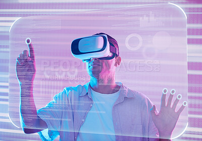Buy stock photo Data, vr futuristic and man in metaverse exploring a cyber world. Digital transformation, 3d virtual reality and male touching or pressing ux button, information or ai, dashboard or software app.